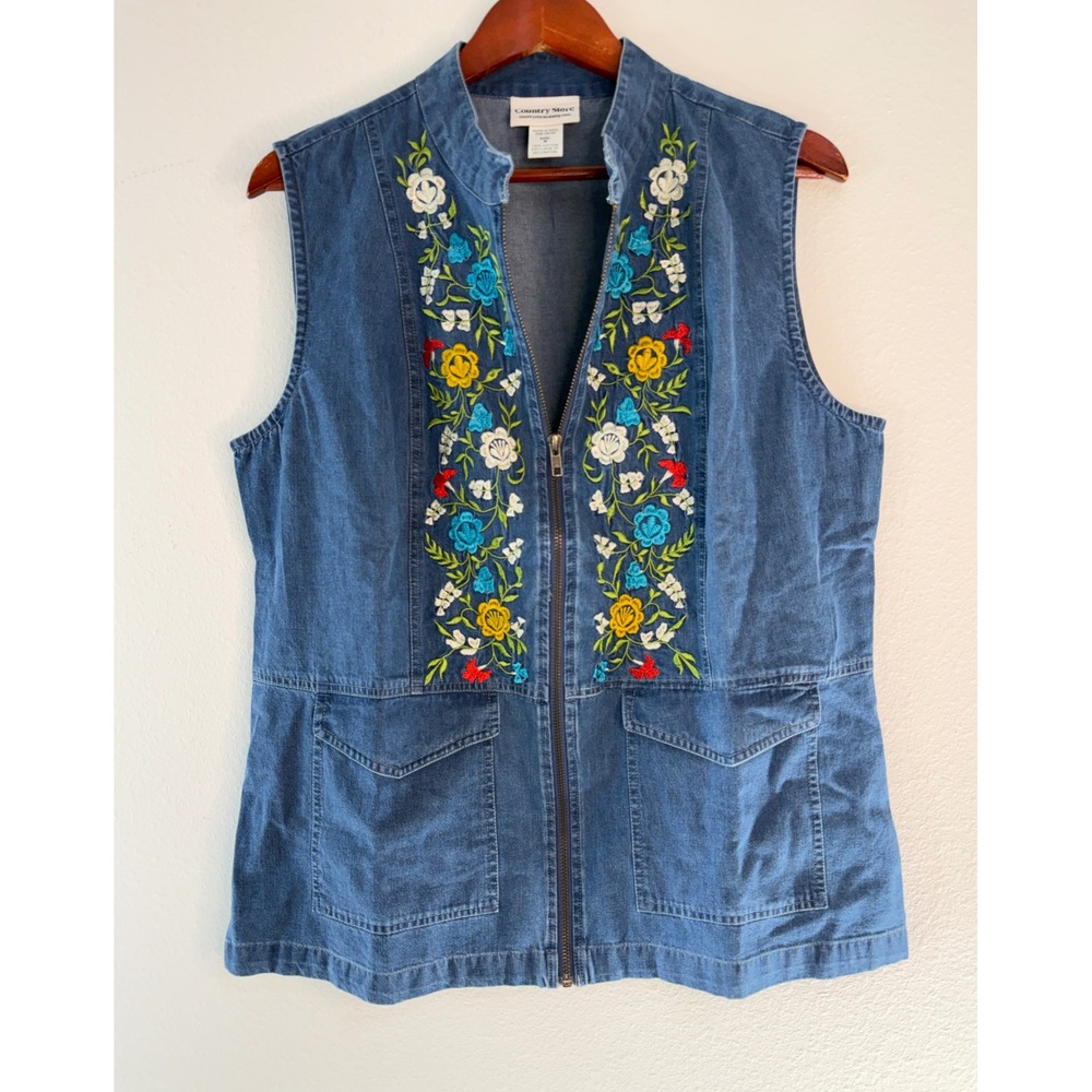 VTG 90s Y2K Country Store Denim Vest Boho Floral Embroidered Blue Full Zip Med